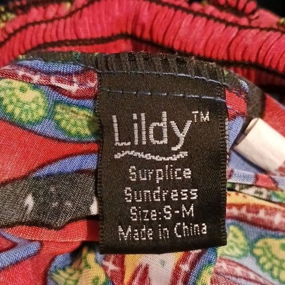 Lildy Surpliced Red Multicolor‎ Ruched Smocked Dress, Size S/M - Picture 5 of 10